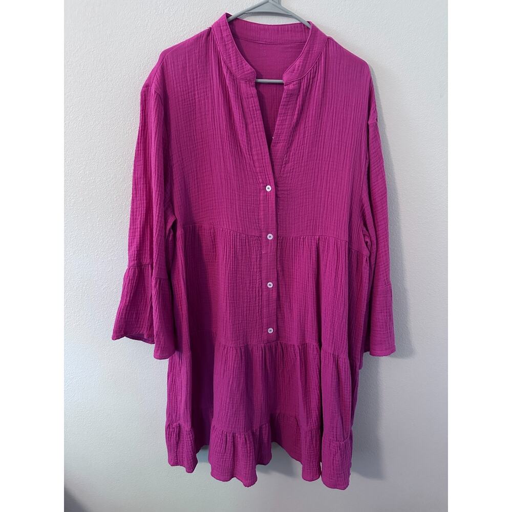 Womens size large Hot Pink long sleeve flowy button up dress boho preppy summer